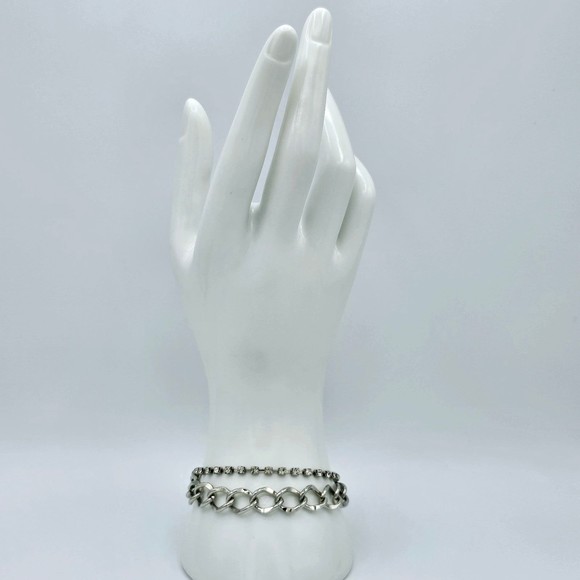 Rhinestone Bracelet Tennis Chain Link Double Strand Statement Jewelry Silvertone - Picture 3 of 9